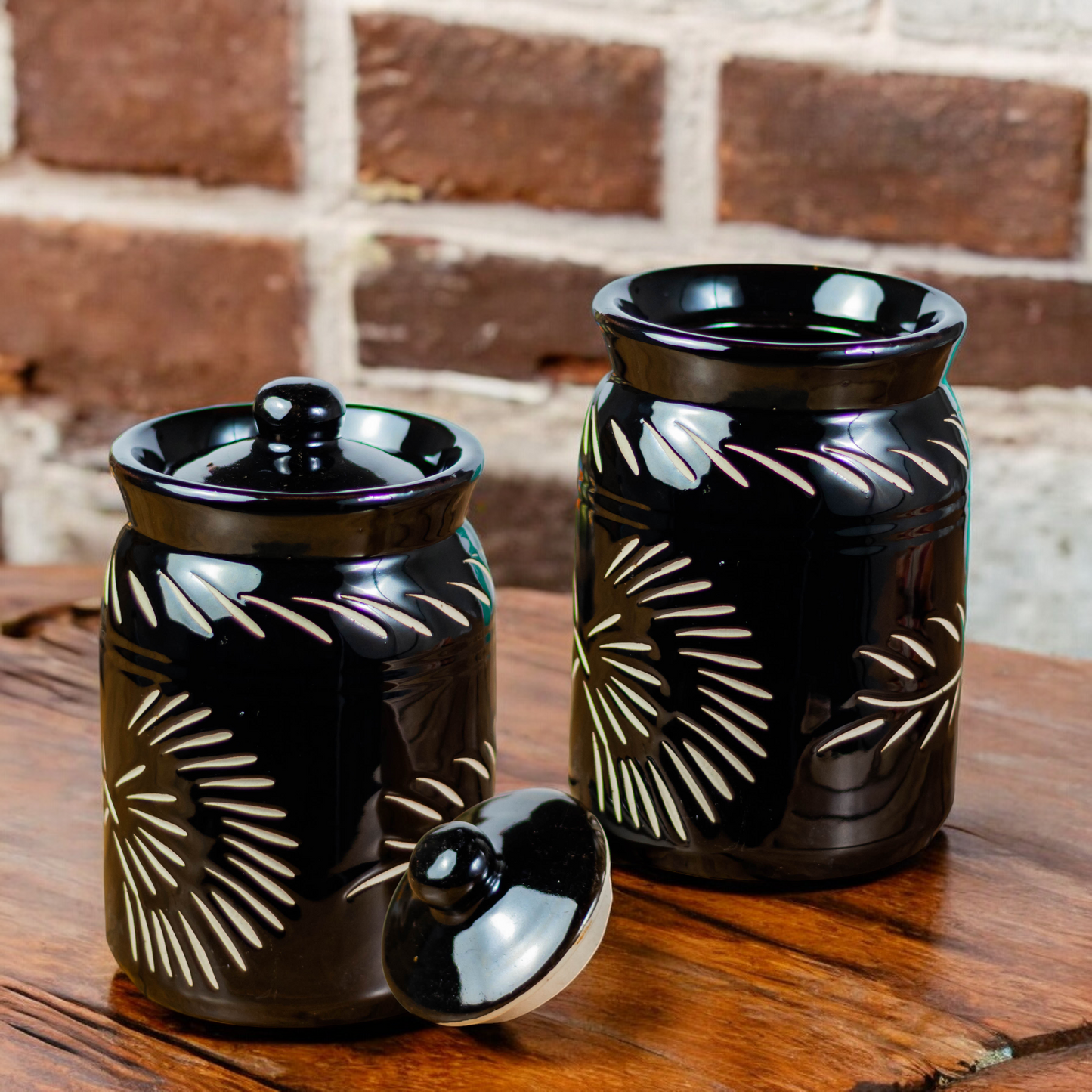 ClayStone Ceramic Achaar Jar Set of 2 (1 kg each) - Black, Handcrafted, Pickle Storage Containers, Achaar Barni