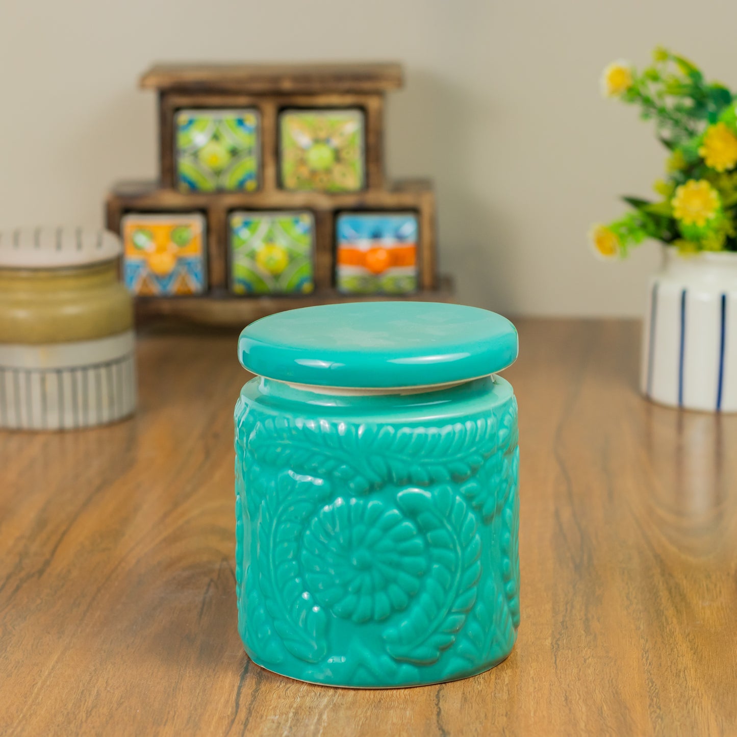 ClayStone Ceramic Embossing Jar Set Handmade 1000 ml | Ceramic Martban | Cookie Jar | Pickle Storage Jar | Achar barni 1000 ml (Pack of 2_ Green)
