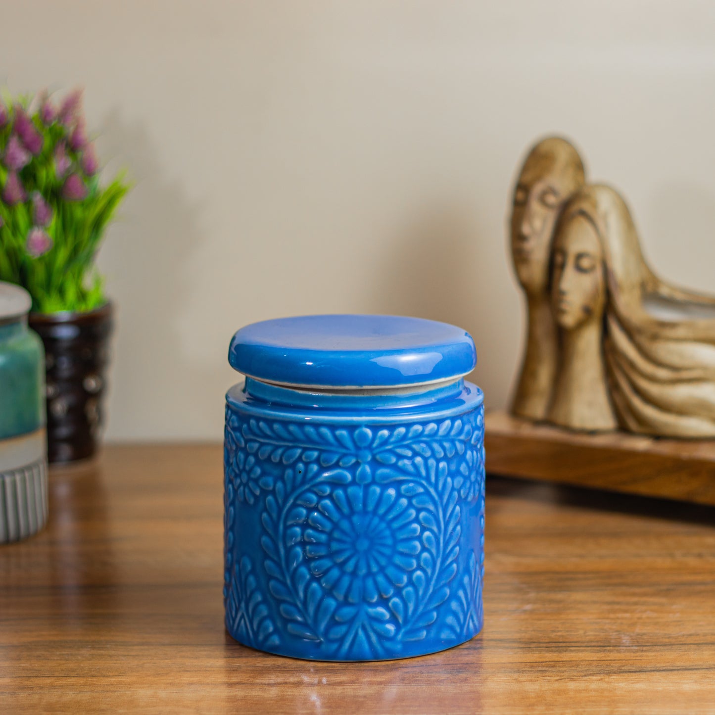 ClayStone Ceramic Embossing Jar Set - Handmade 1000ml (2-Pack) - Pink & Royal Blue - Versatile Cookie Jar, Pickle Storage Jar, or Achar Barni - Beautifully Crafted Ceramic Martaban