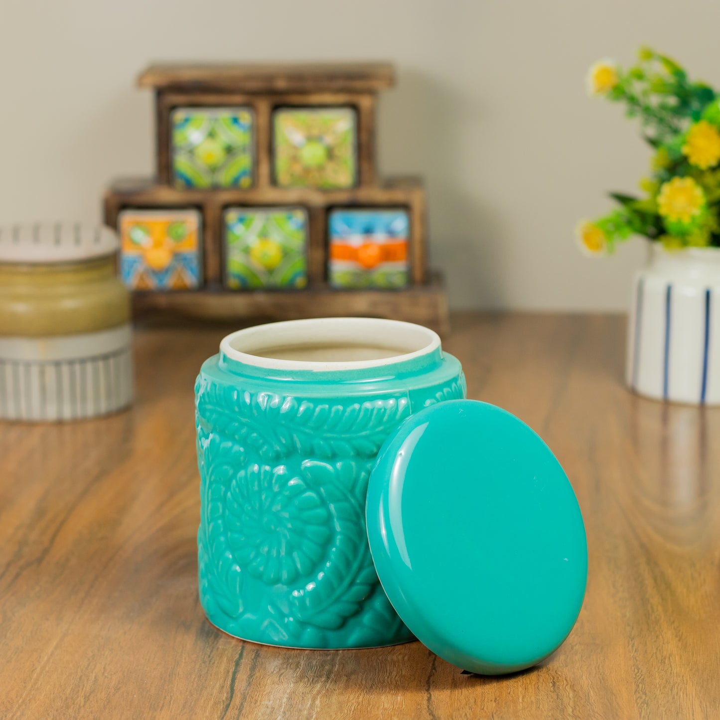 ClayStone Ceramic Embossing Jar Set Handmade 1000 ml | Ceramic Martban | Cookie Jar | Pickle Storage Jar | Achar barni 1000 ml (Pack of 2_ Green)