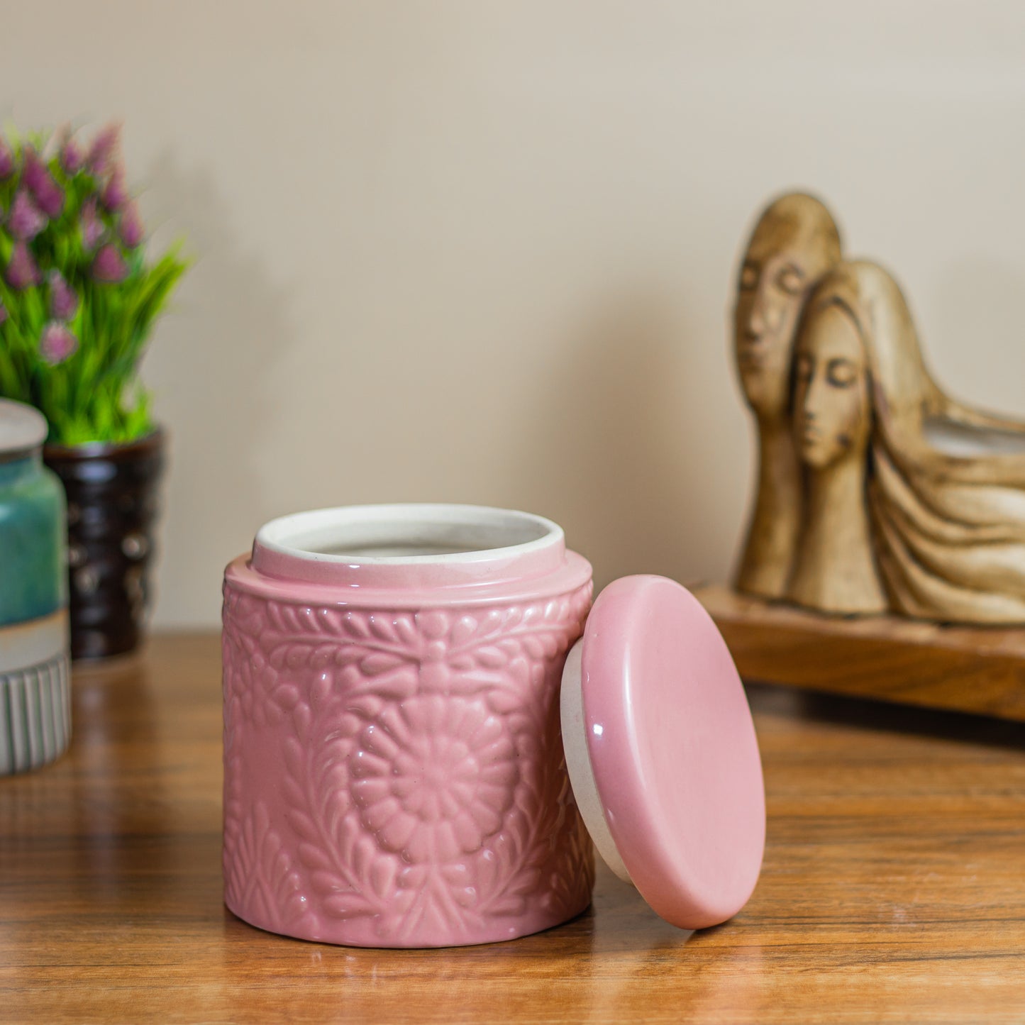 ClayStone Ceramic Embossing Jar Set - Handmade 1000ml (2-Pack) - Pink & Royal Blue - Versatile Cookie Jar, Pickle Storage Jar, or Achar Barni - Beautifully Crafted Ceramic Martaban