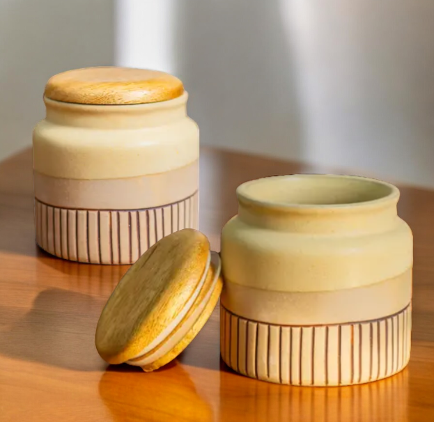 ClayStone Airtight Ceramic Jars (Pack of 2) - 500ml Each - Peanut Brown - Wooden Lid - Kitchen Containers for Sugar, Tea, Salt, Pickles, Pulses & More (Peanut Brown, 500 ml)