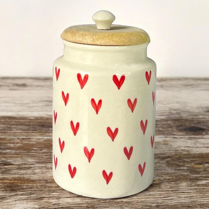 ClayStone Kitchen Essentials - 2 x 900ml Airtight Ceramic Jars with Wooden Lids. Simplify Storage for Sugar, Tea, Salt, & More. Red Heart Design
