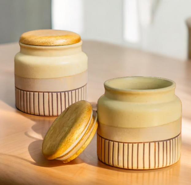 ClayStone Airtight Ceramic Jars (Pack of 2) - 500ml Each - Peanut Brown - Wooden Lid - Kitchen Containers for Sugar, Tea, Salt, Pickles, Pulses & More (Peanut Brown, 500 ml)