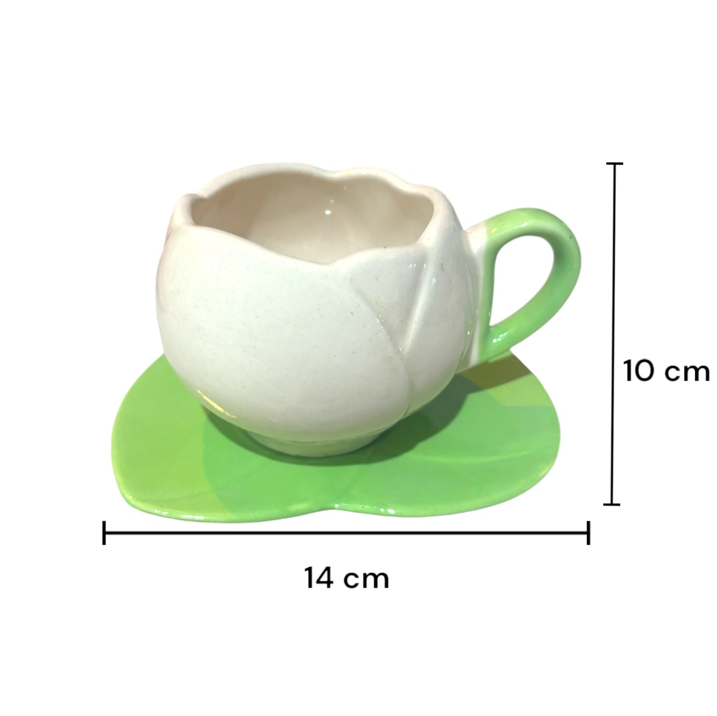 ClayStone Ceramic White Tulip Coffee Mug Set with Saucer - Hand-Painted, Irregular Shape, 200ml Capacity, Office/Home/Gift