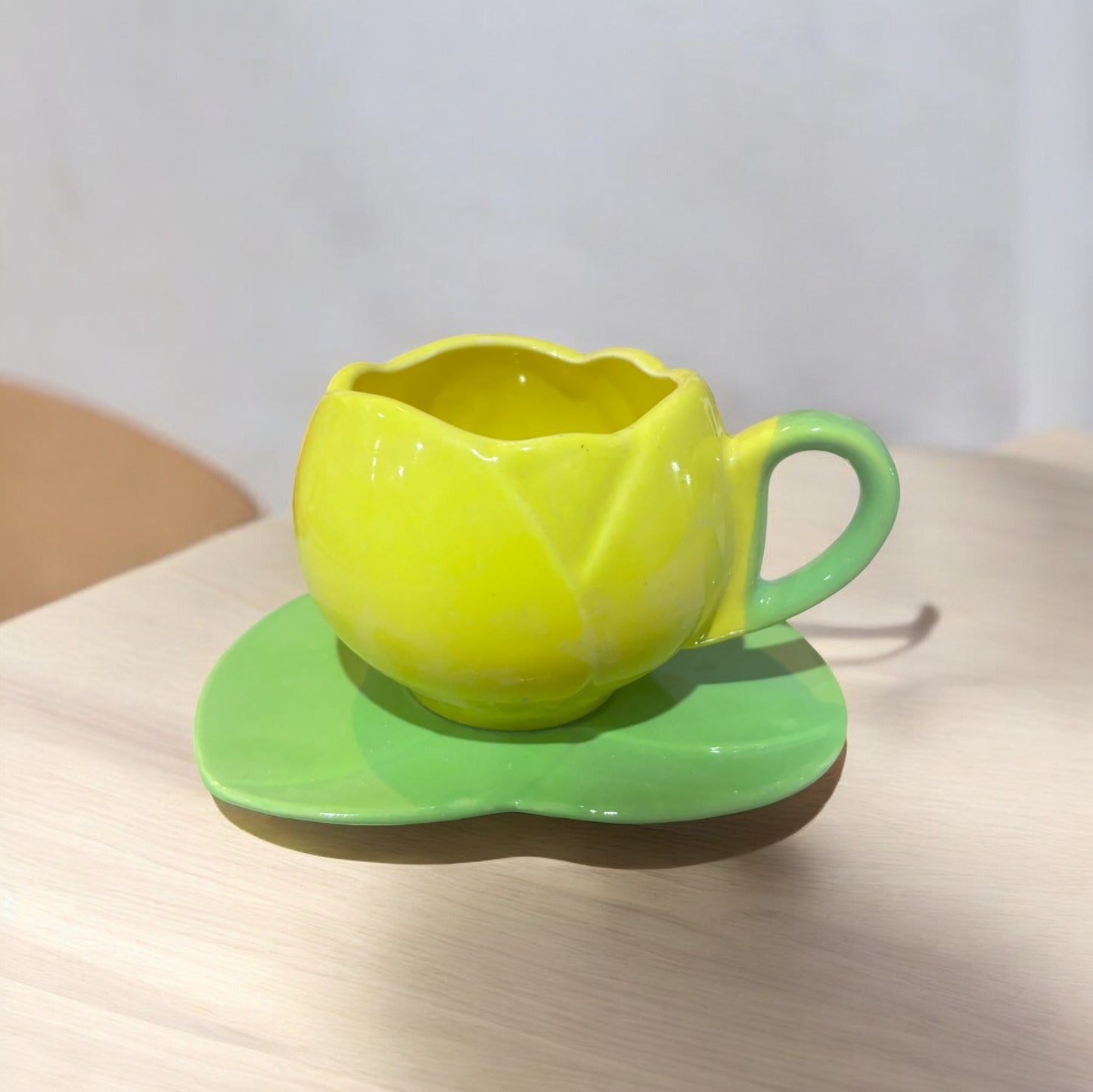 ClayStone Tulip-Shaped Yellow Ceramic Coffee Mug Set - Handcrafted, White, 200ml Capacity, Includes Saucer