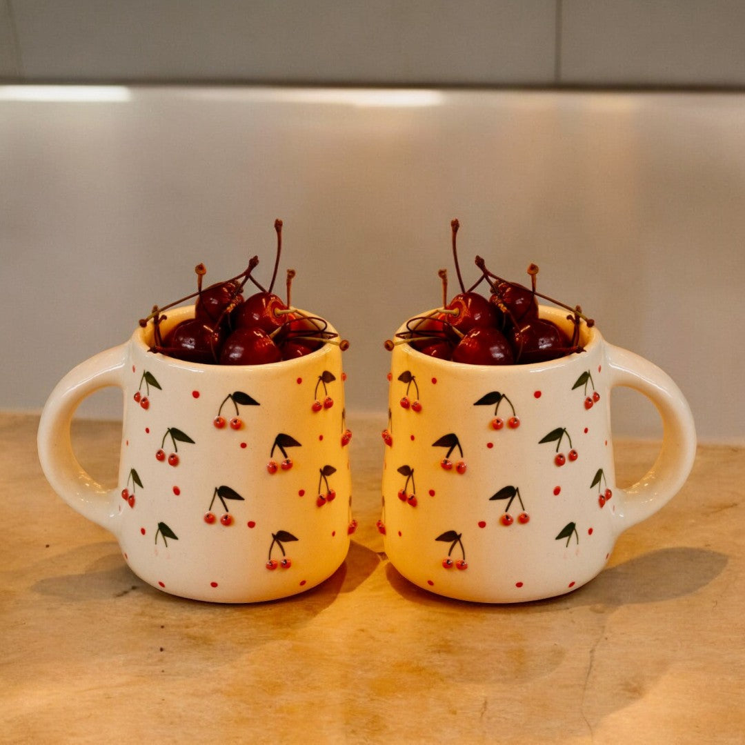 Handcrafted Artistic Ceramic Coffee Mug with Cherry Design for tea and coffee
