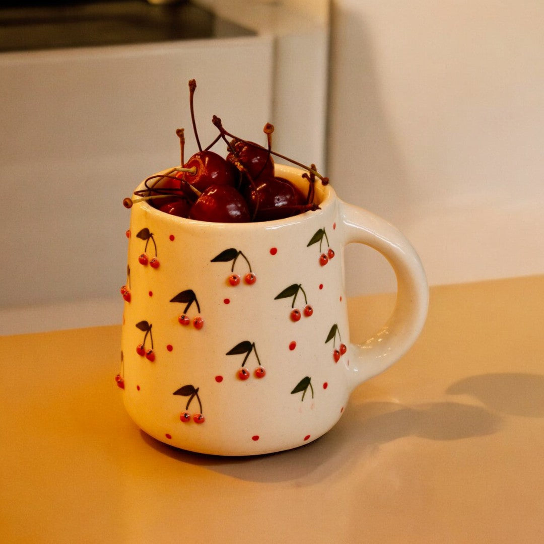 Handcrafted Artistic Ceramic Coffee Mug with Cherry Design for tea and coffee