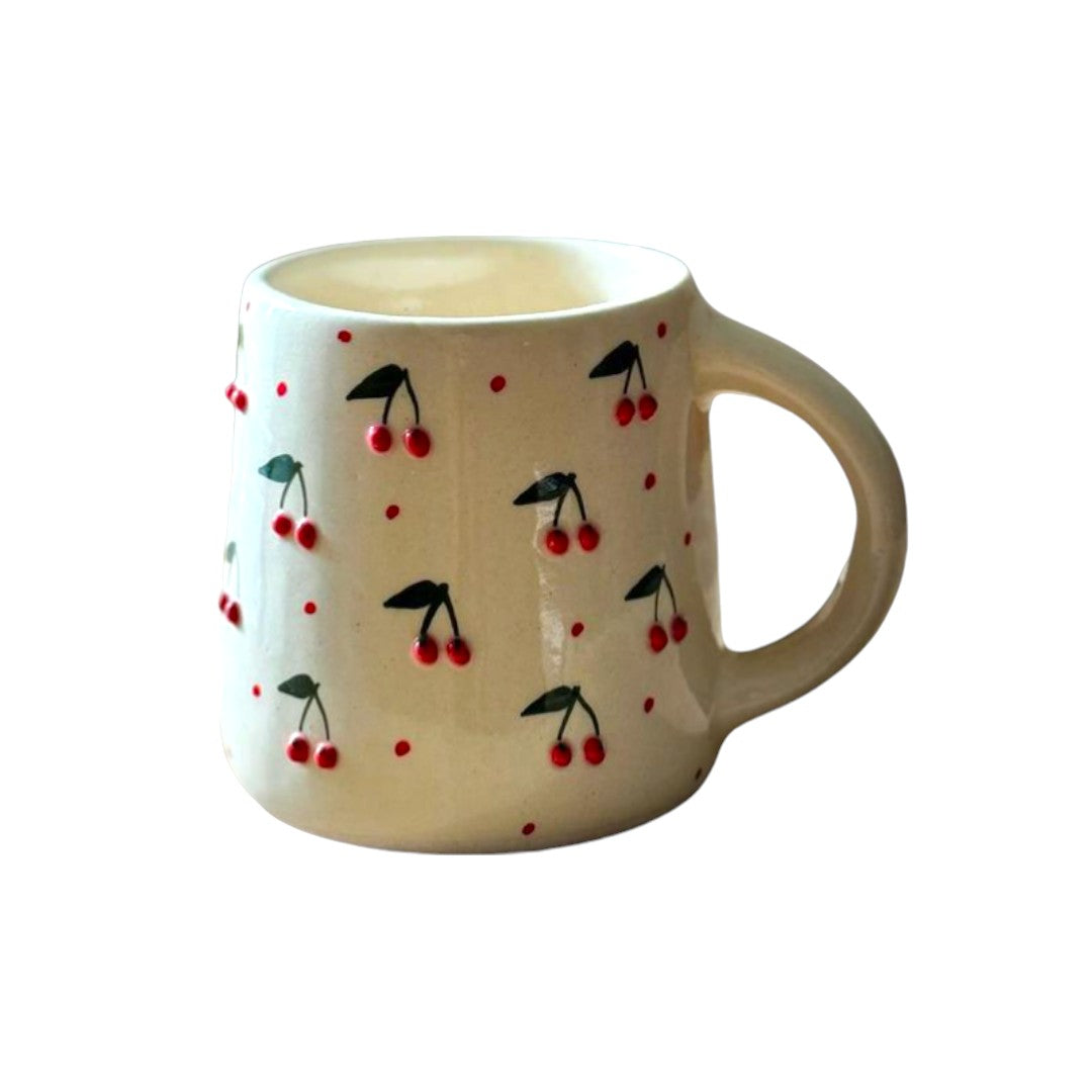 Handcrafted Artistic Ceramic Coffee Mug with Cherry Design for tea and coffee