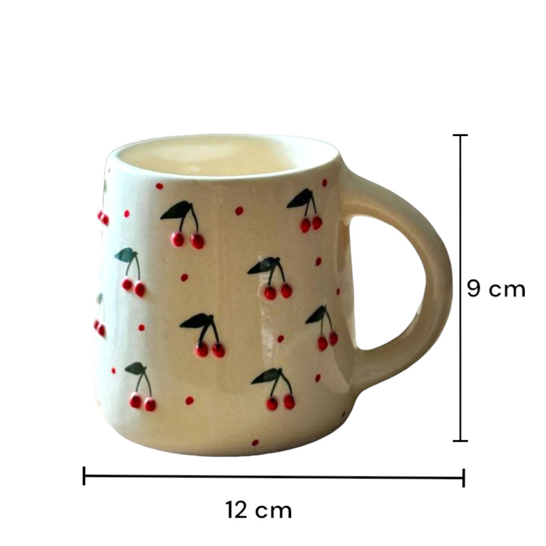 Handcrafted Artistic Ceramic Coffee Mug with Cherry Design for tea and coffee