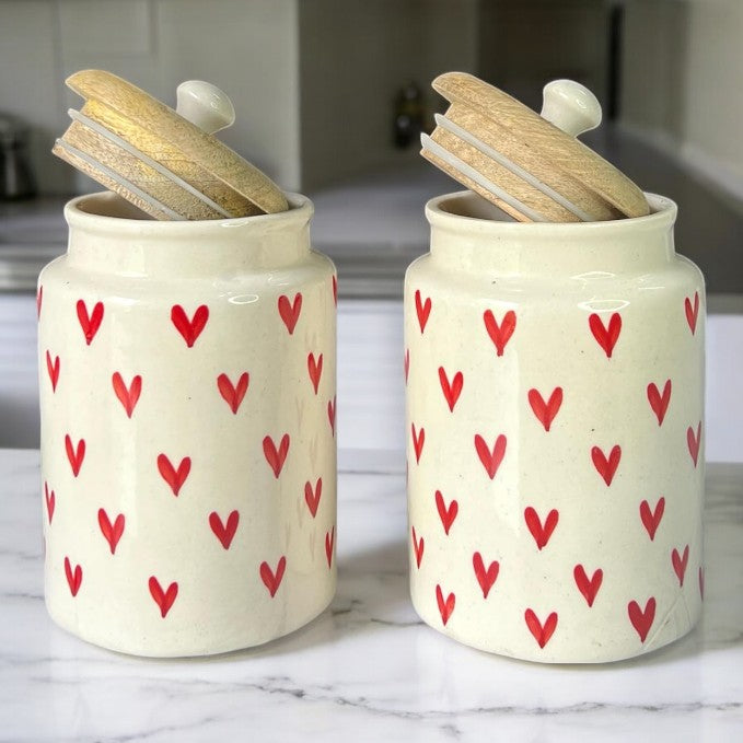 ClayStone Kitchen Essentials - 2 x 900ml Airtight Ceramic Jars with Wooden Lids. Simplify Storage for Sugar, Tea, Salt, & More. Red Heart Design