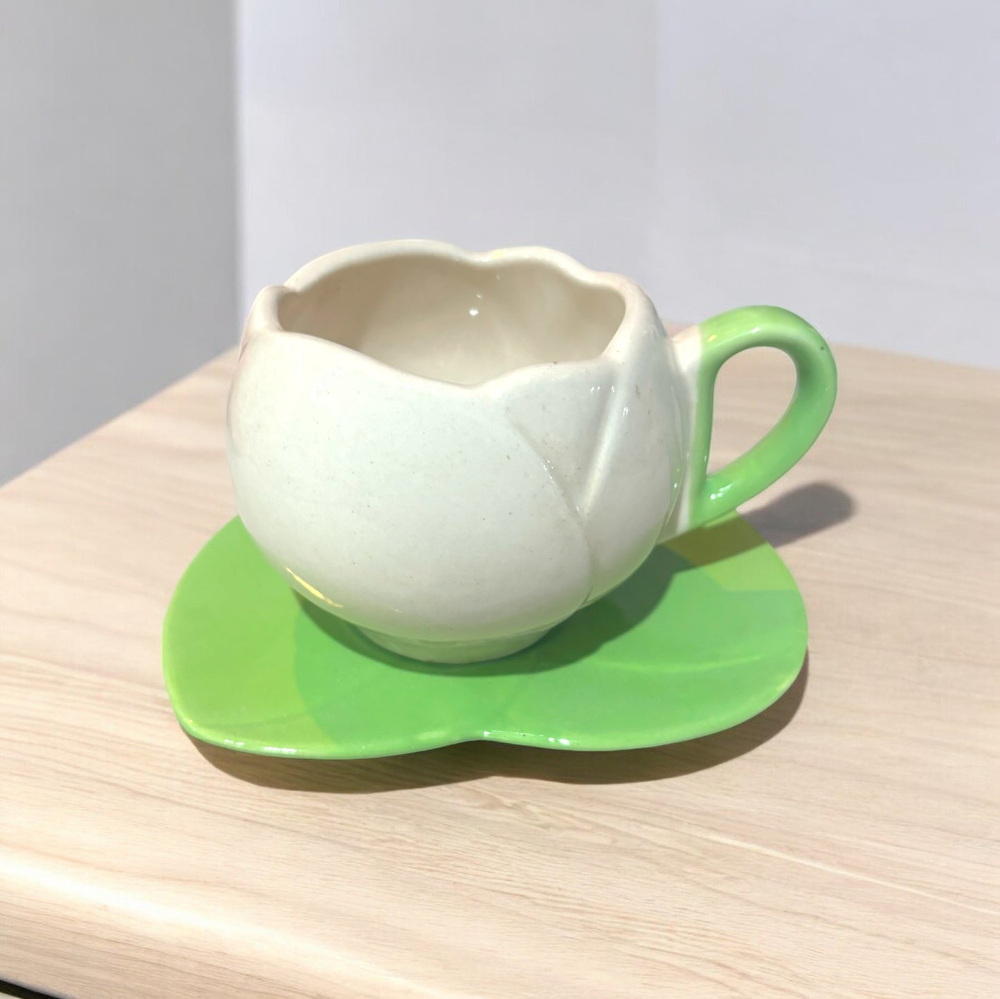 ClayStone Ceramic White Tulip Coffee Mug Set with Saucer - Hand-Painted, Irregular Shape, 200ml Capacity, Office/Home/Gift