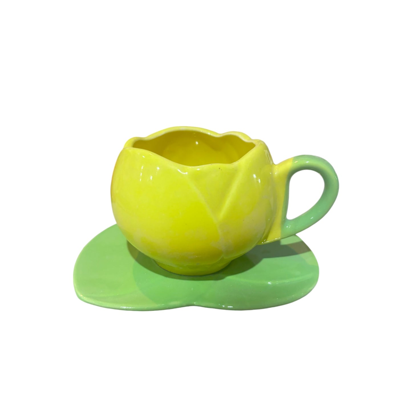 ClayStone Tulip-Shaped Yellow Ceramic Coffee Mug Set - Handcrafted, White, 200ml Capacity, Includes Saucer