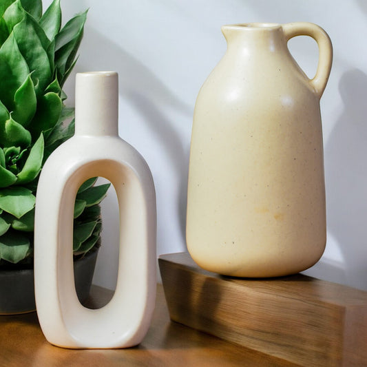 ClayStone Ceramic Jug and Hollow Vase Set - 6 Inch White Decorative Vases - Pack of 2 - Home Decor and Gift Item for Home & Office - Beautiful Ceramic Vase Set for Flowers, Storage, and Decoration