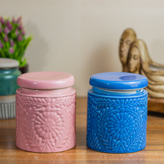 ClayStone Ceramic Embossing Jar Set - Handmade 1000ml (2-Pack) - Pink & Royal Blue - Versatile Cookie Jar, Pickle Storage Jar, or Achar Barni - Beautifully Crafted Ceramic Martaban