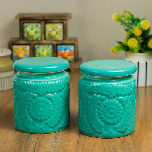 ClayStone Ceramic Embossing Jar Set Handmade 1000 ml | Ceramic Martban | Cookie Jar | Pickle Storage Jar | Achar barni 1000 ml (Pack of 2_ Green)