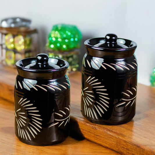 ClayStone Ceramic Achaar Jar Set of 2 (1 kg each) - Black, Handcrafted, Pickle Storage Containers, Achaar Barni