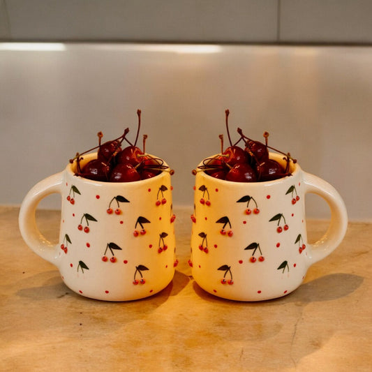 Handcrafted Artistic Ceramic Coffee Mug with Cherry Design for tea and coffee