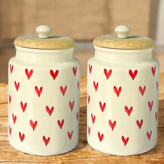 ClayStone Kitchen Essentials - 2 x 900ml Airtight Ceramic Jars with Wooden Lids. Simplify Storage for Sugar, Tea, Salt, & More. Red Heart Design