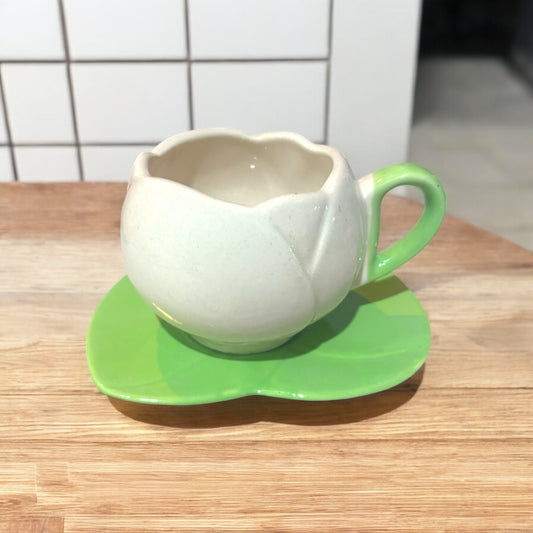ClayStone Ceramic White Tulip Coffee Mug Set with Saucer - Hand-Painted, Irregular Shape, 200ml Capacity, Office/Home/Gift