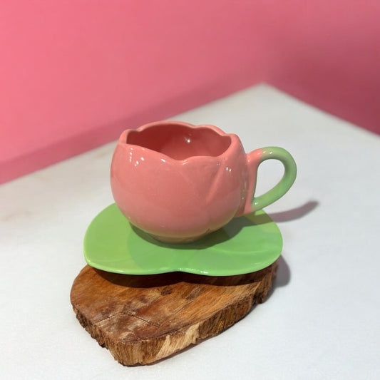 ClayStone Ceramic Pink Tulip Coffee Mug Set with Saucer - Hand-Painted, Irregular Shape, 200ml Capacity, Office/Home/Gift