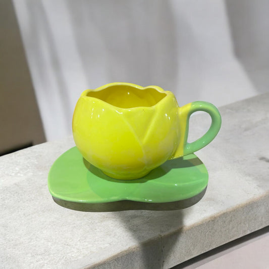 ClayStone Tulip-Shaped Yellow Ceramic Coffee Mug Set - Handcrafted, White, 200ml Capacity, Includes Saucer